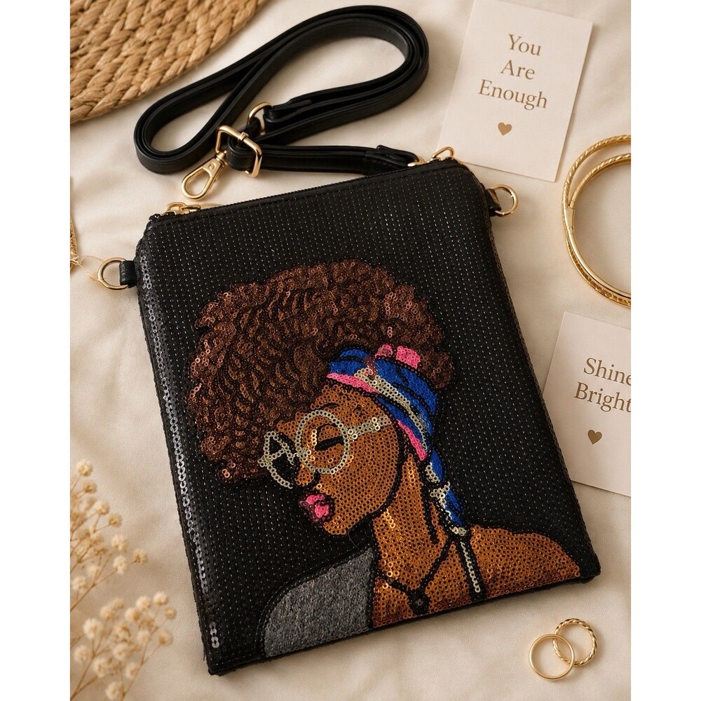 UNNI Black Sequin Crossbody Bag Natural Hair Woman Purse Gold Accent Bag - Picture 6 of 10